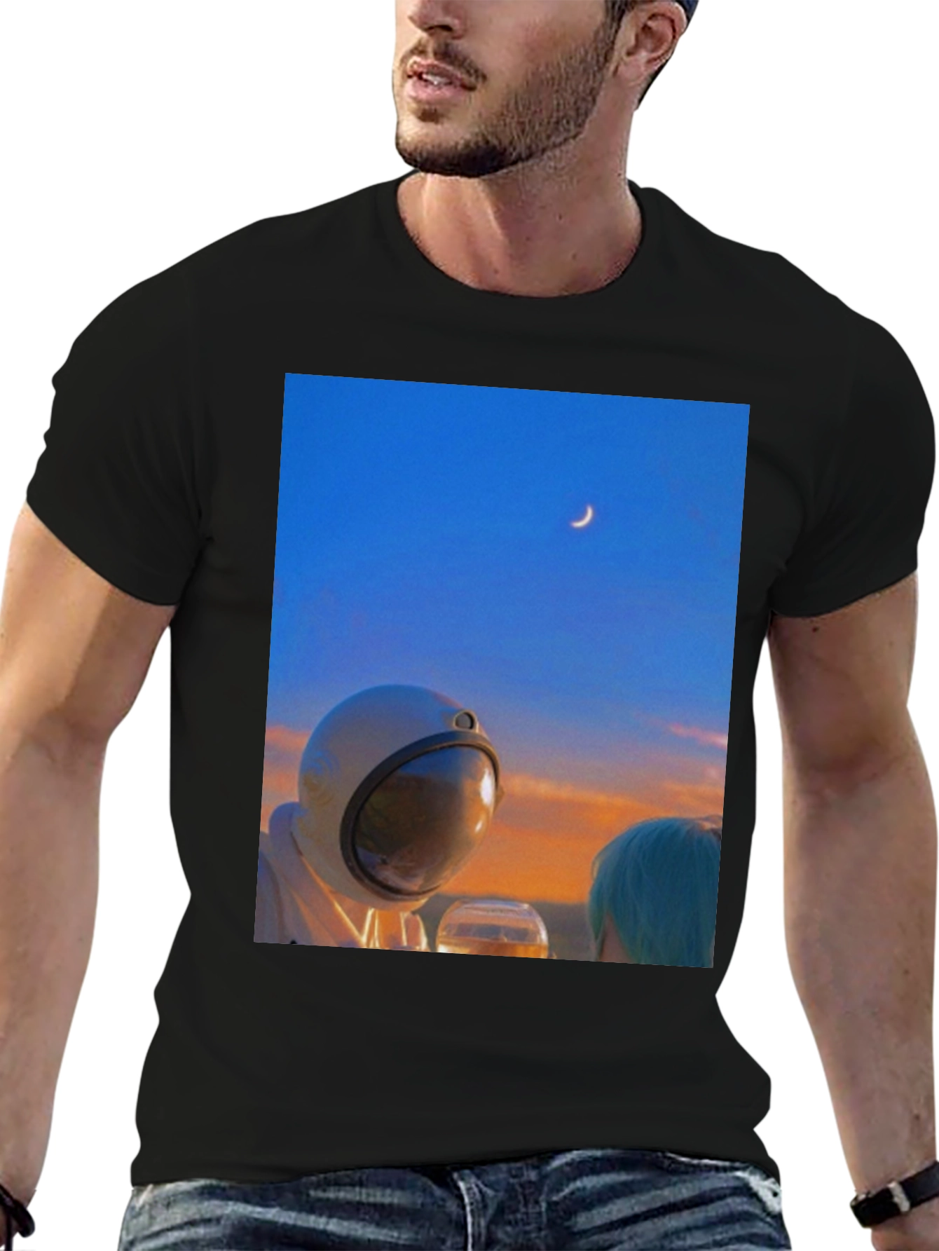 Astronaut Moon T-Shirt - Black Cotton Graphic Tee