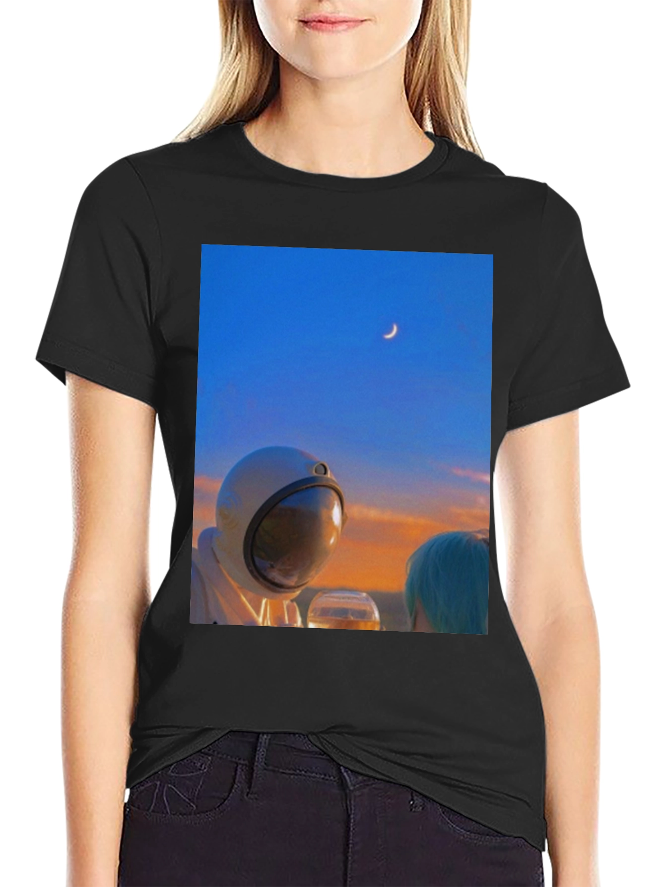 Astronaut Moon T-Shirt - Black Cotton Graphic Tee