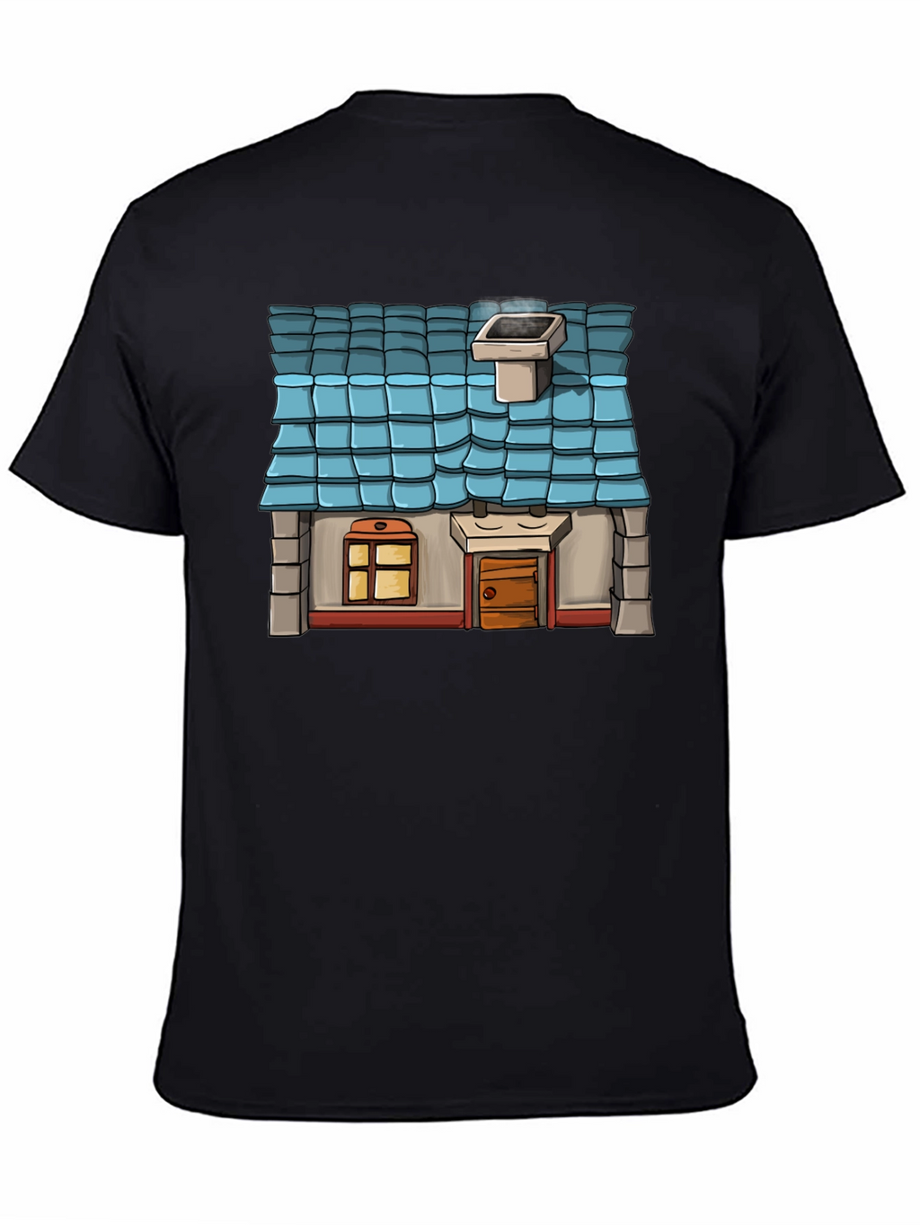 Cartoon House Graphic Tee - Black Cotton Casual Shirt