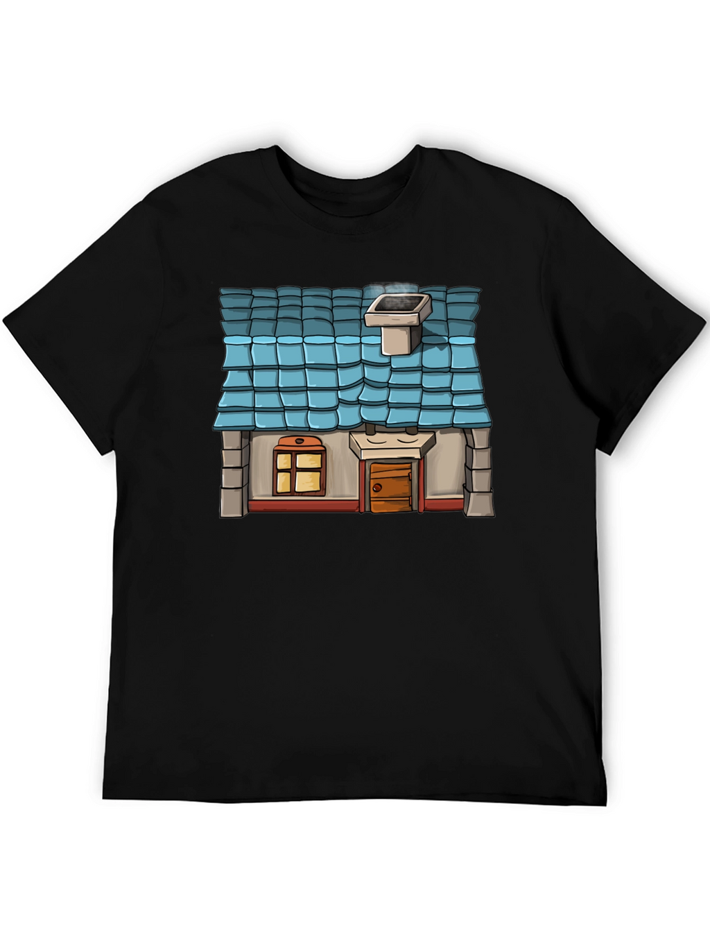 Cartoon House Graphic Tee - Black Cotton Casual Shirt