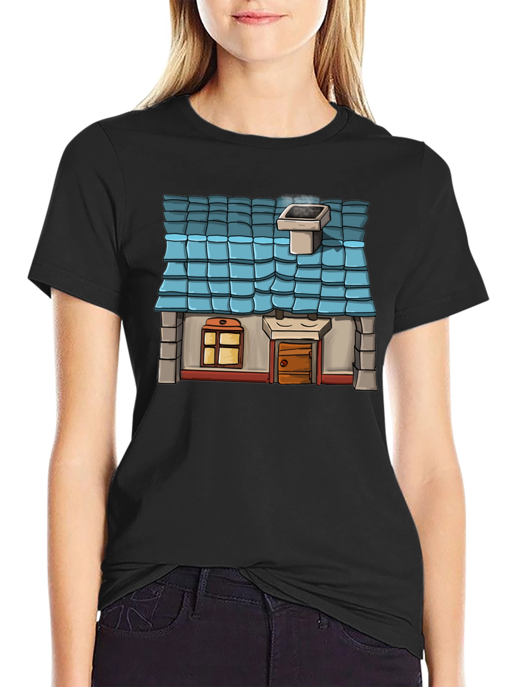 Cartoon House Graphic Tee - Black Cotton Casual Shirt