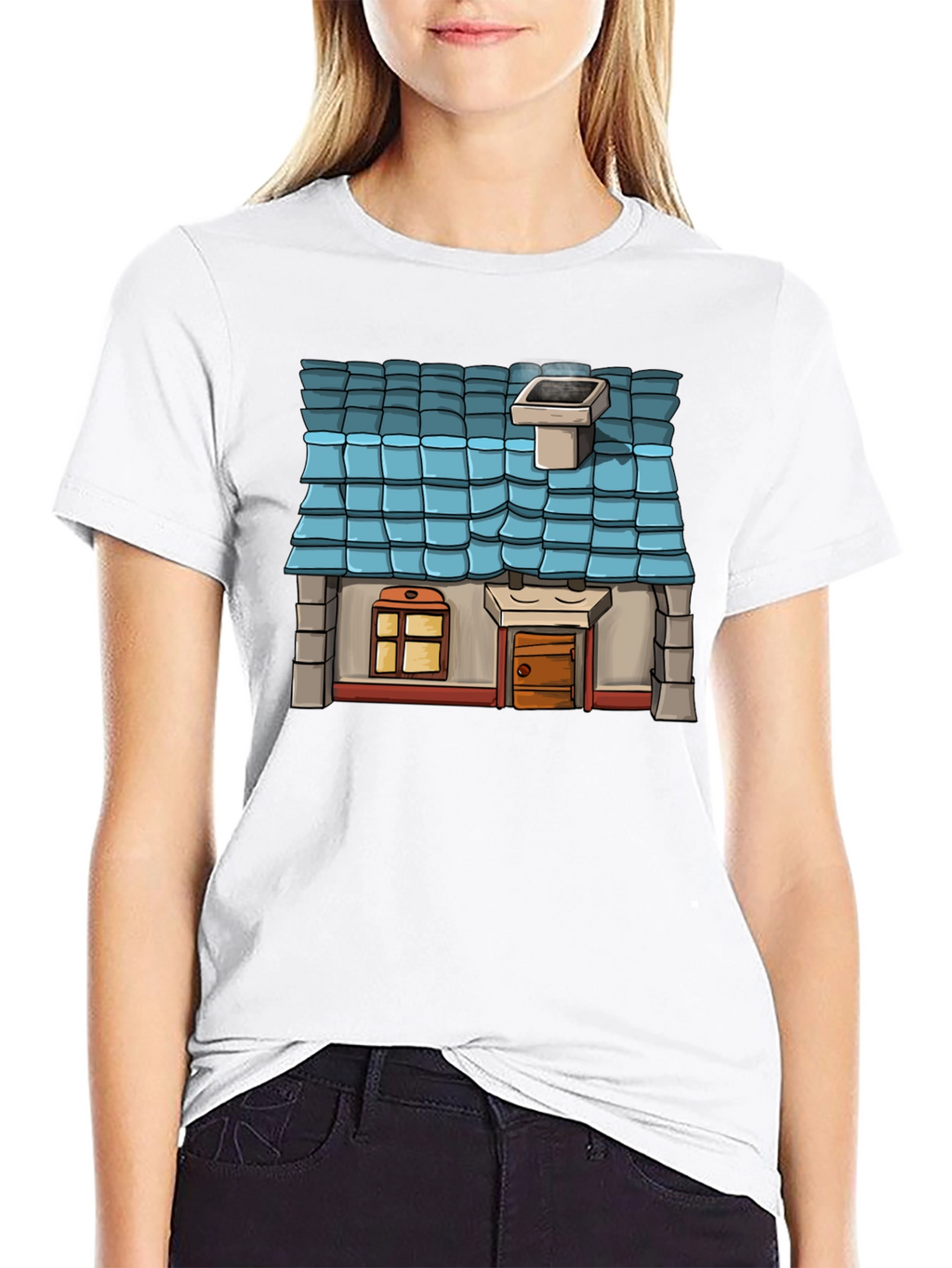 Cartoon House Graphic Tee - Black Cotton Casual Shirt