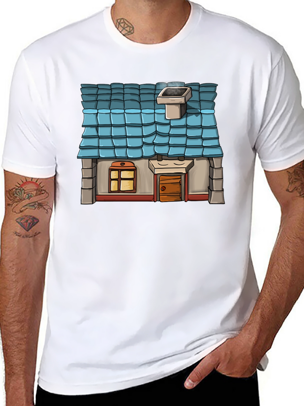 Cartoon House Graphic Tee - Black Cotton Casual Shirt
