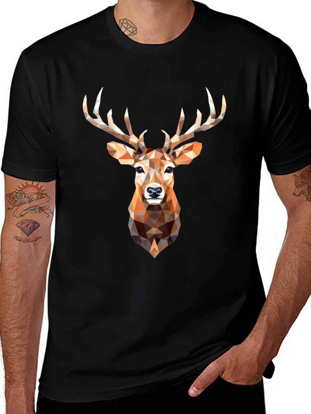 Geometric Deer Head Graphic Print Black T-Shirt