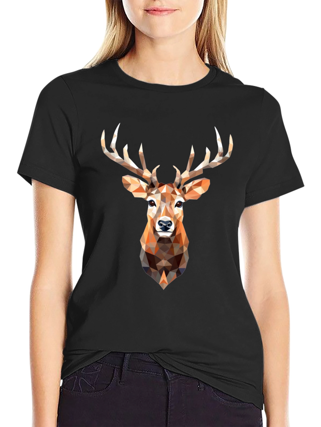 Geometric Deer Head Graphic Print Black T-Shirt