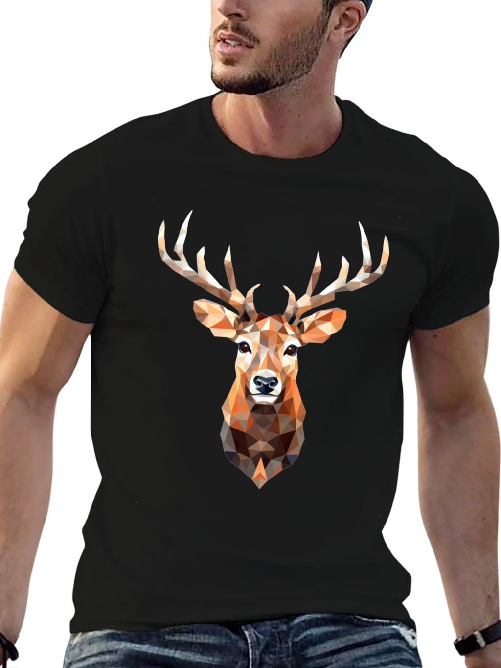 Geometric Deer Head Graphic Print Black T-Shirt