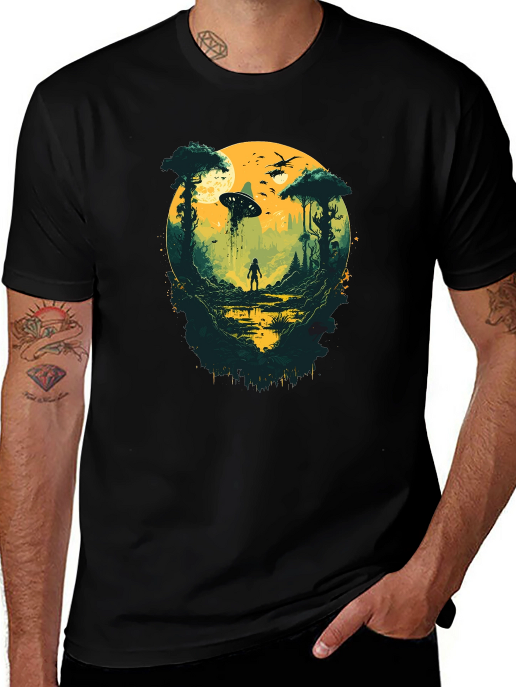 Sci-Fi Encounter Graphic Tee - Black Cotton Blend