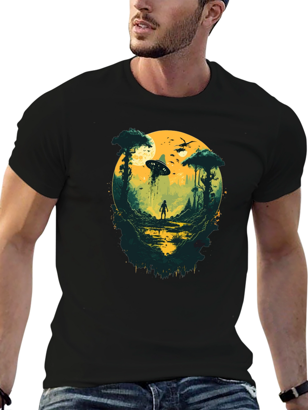 Sci-Fi Encounter Graphic Tee - Black Cotton Blend