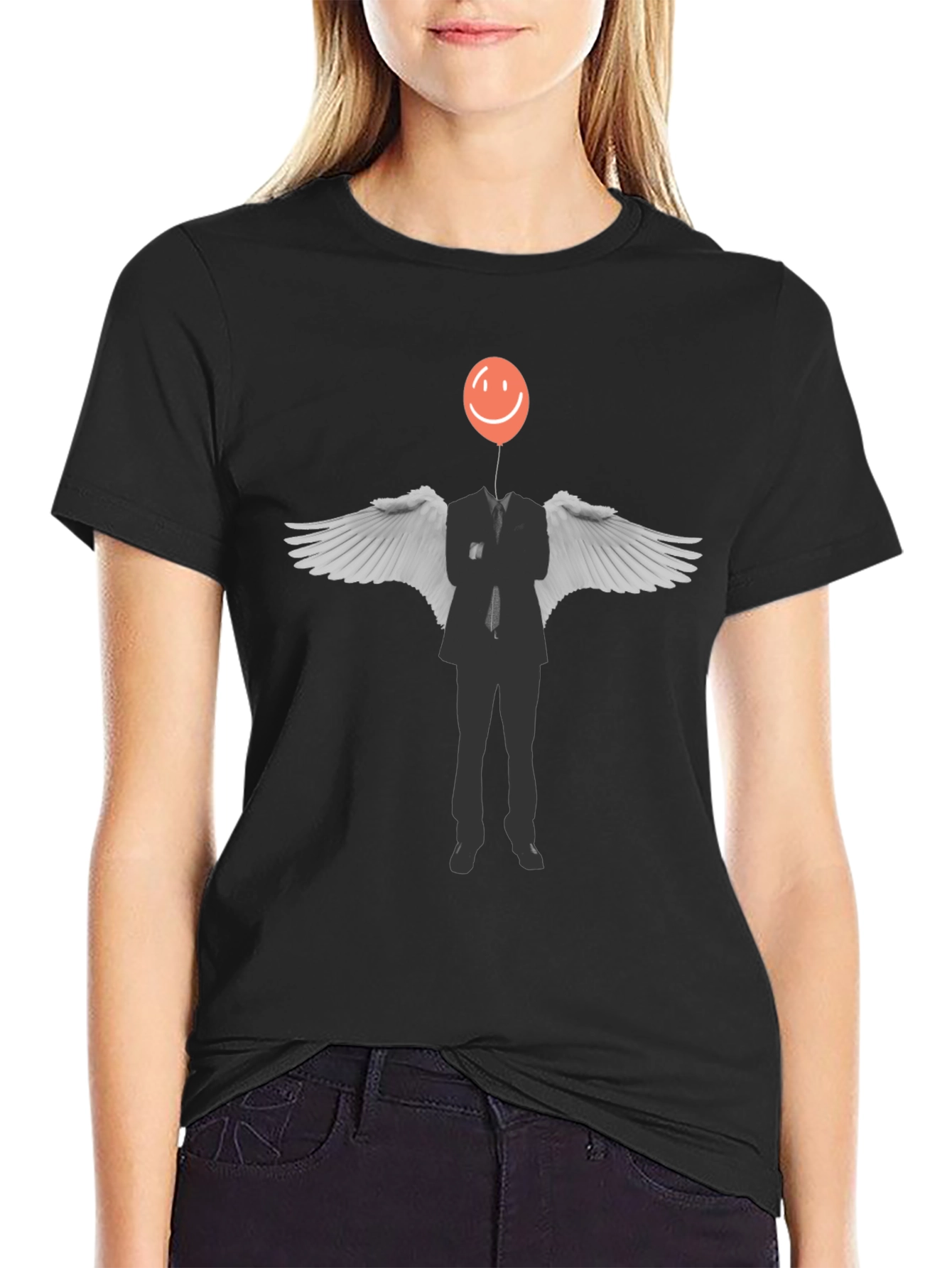 Surreal Balloon Head Angel Wings Graphic Tee - Black