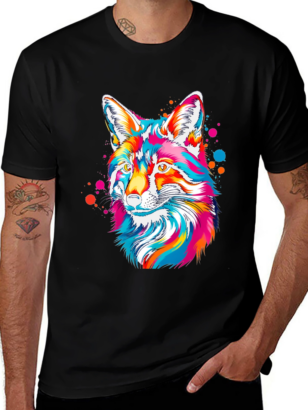 Vibrant Fox Graphic Tee - Artistic Crew Neck T-Shirt