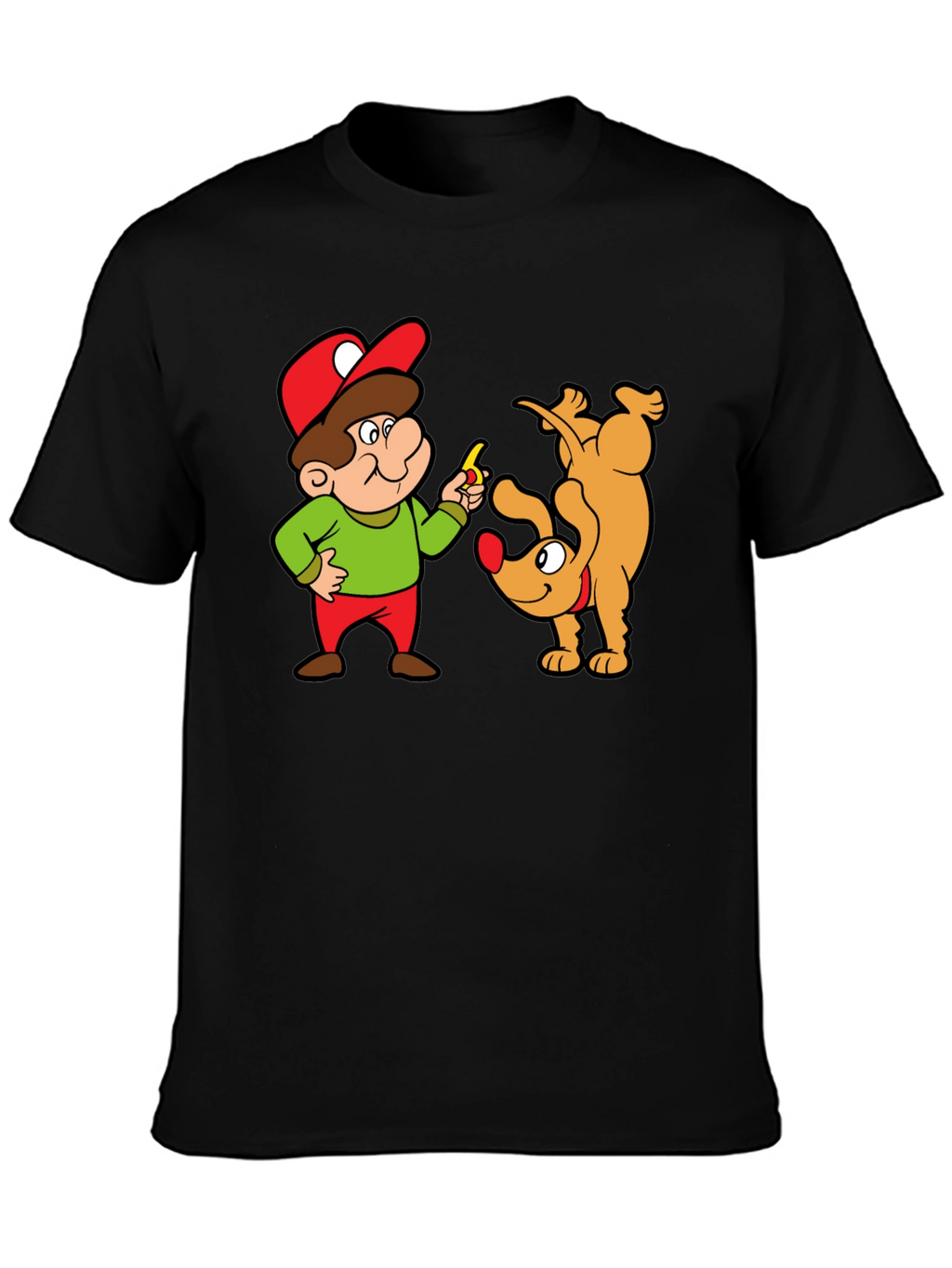 Cartoon Man & Dog Graphic Black T-Shirt