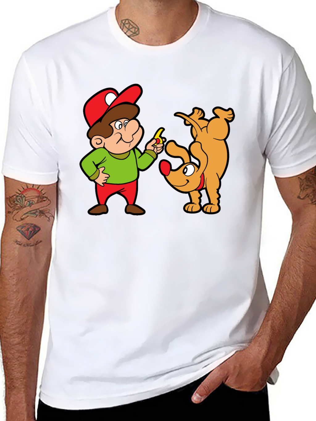 Cartoon Man & Dog Graphic Black T-Shirt