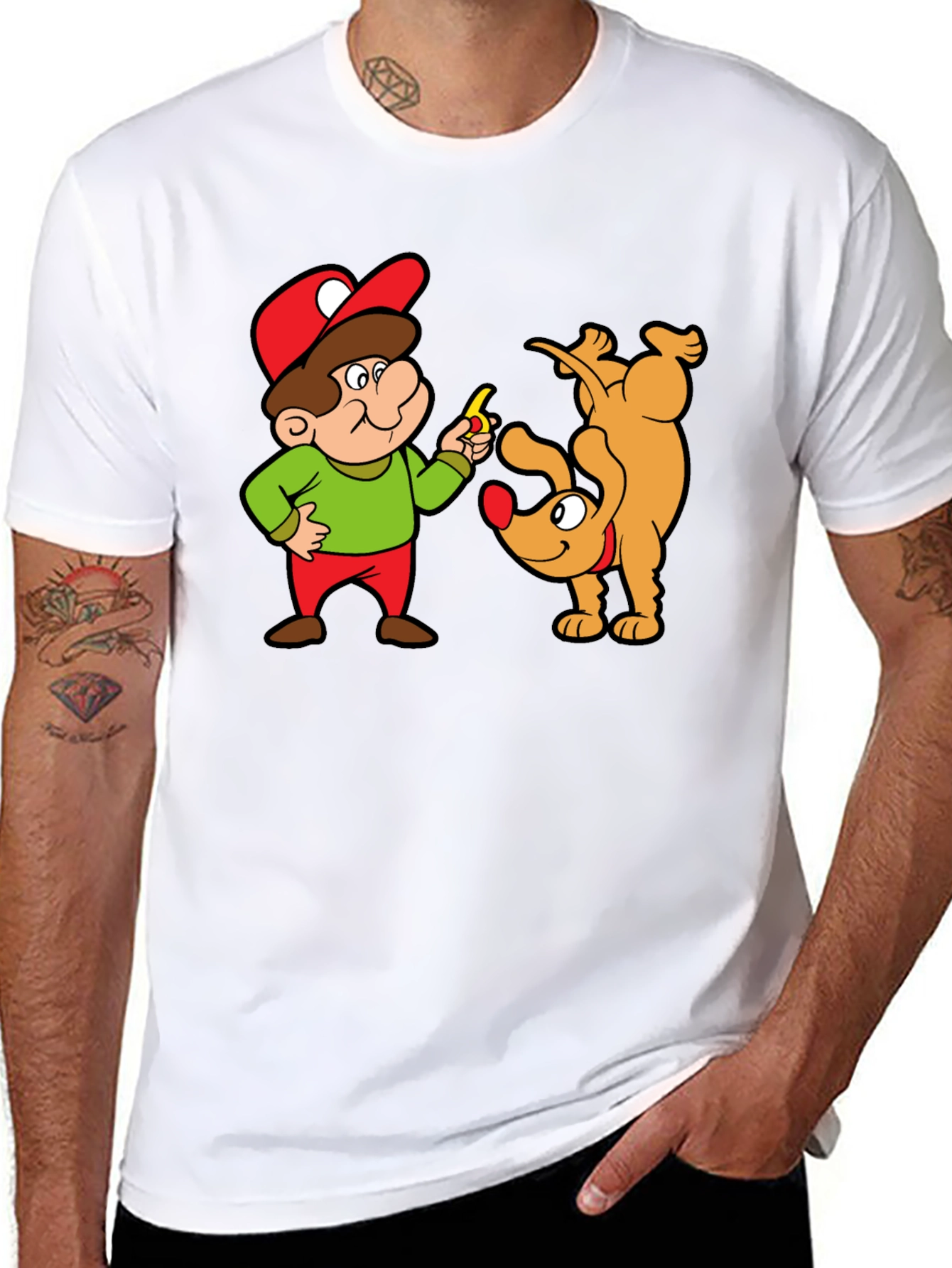 Cartoon Man & Dog Graphic Black T-Shirt