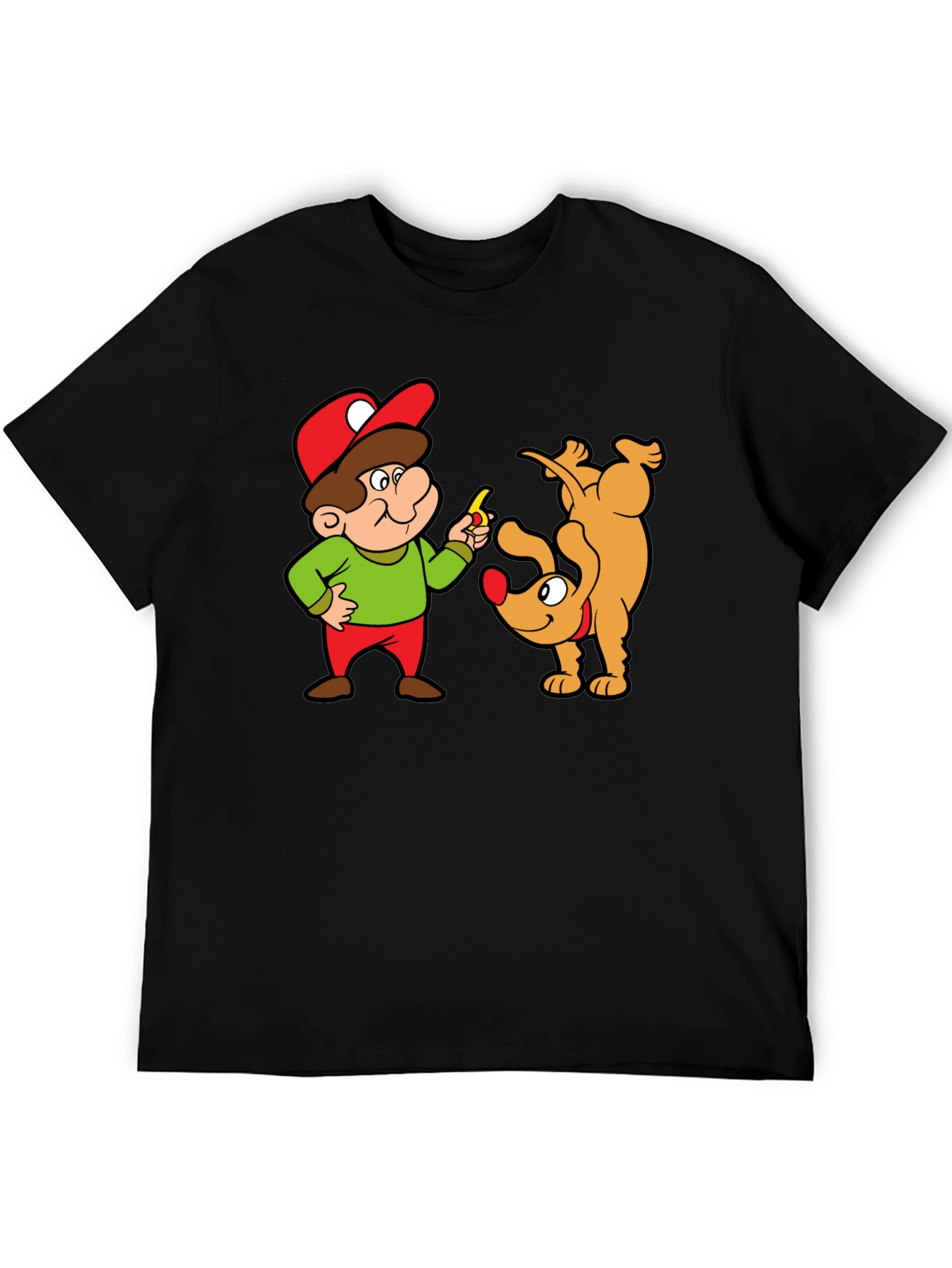 Cartoon Man & Dog Graphic Black T-Shirt