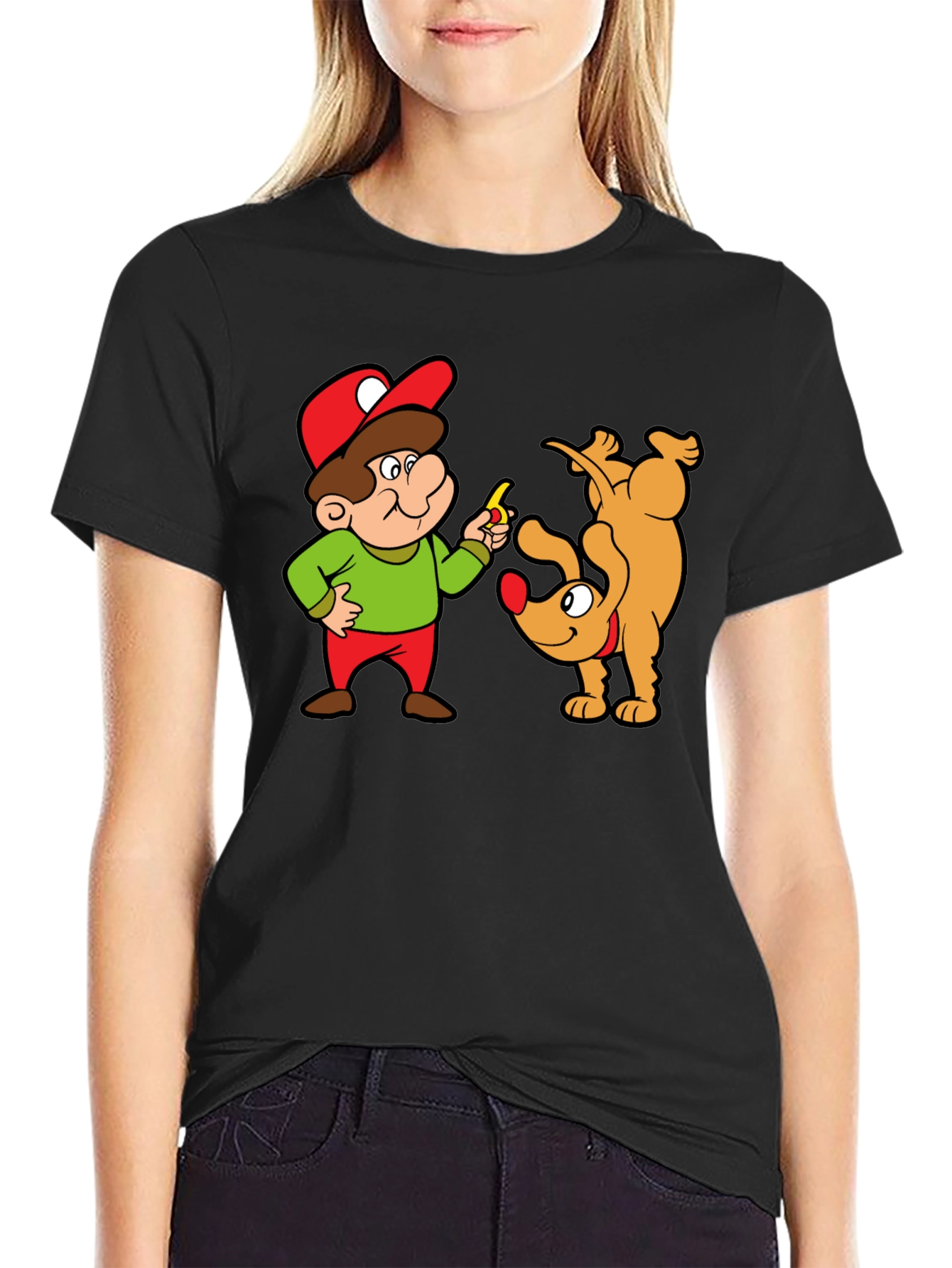 Cartoon Man & Dog Graphic Black T-Shirt