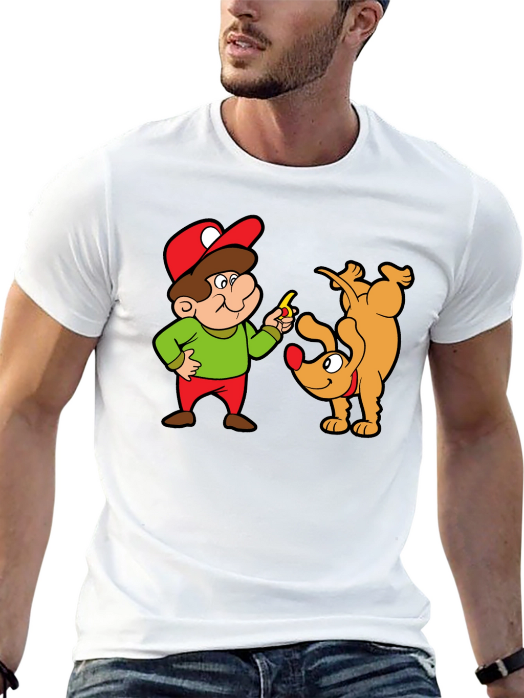 Cartoon Man & Dog Graphic Black T-Shirt