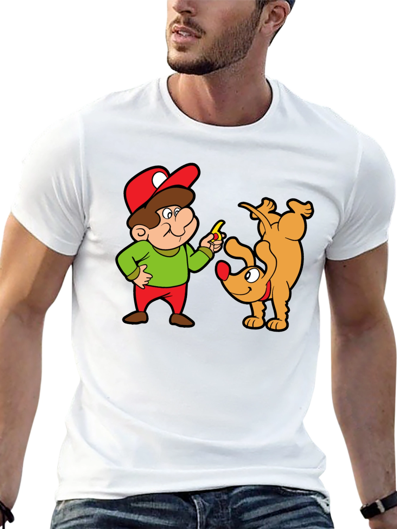 Cartoon Man & Dog Graphic Black T-Shirt