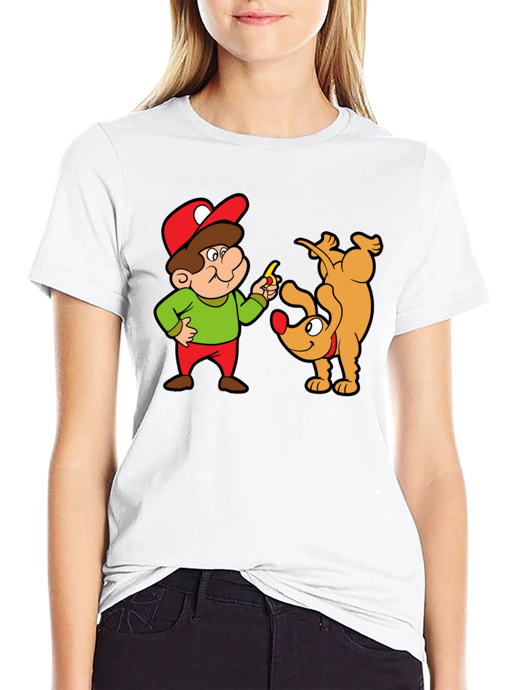Cartoon Man & Dog Graphic Black T-Shirt