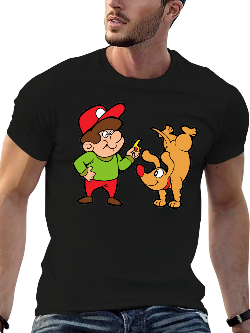 Cartoon Man & Dog Graphic Black T-Shirt