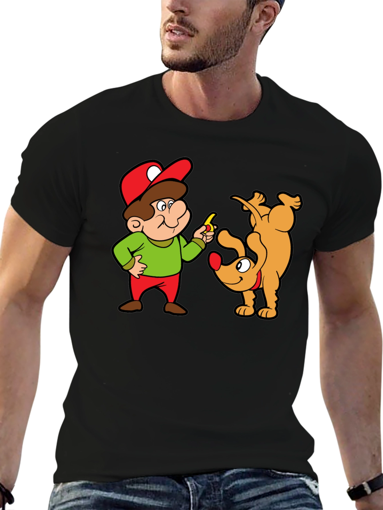 Cartoon Man & Dog Graphic Black T-Shirt