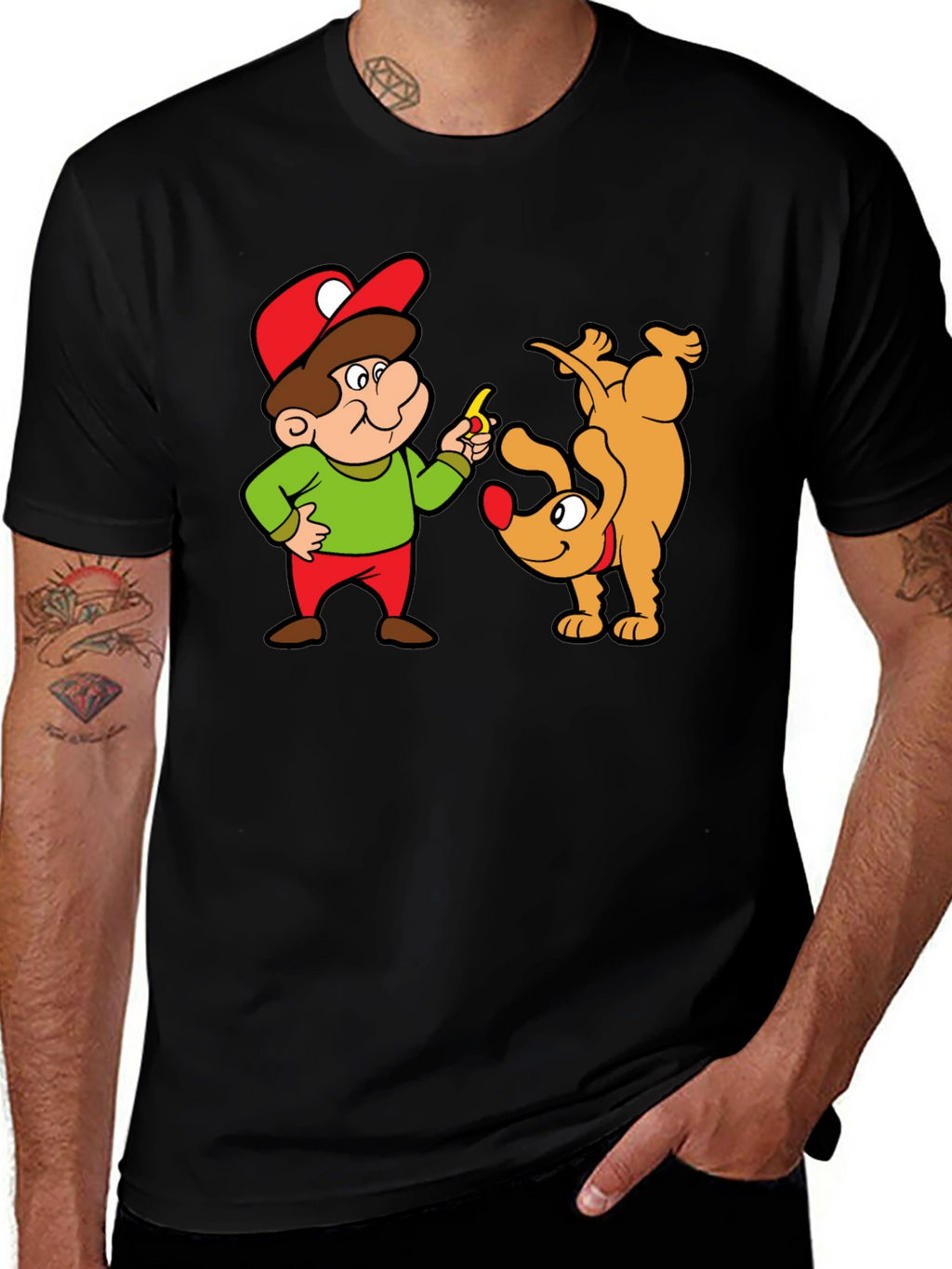Cartoon Man & Dog Graphic Black T-Shirt