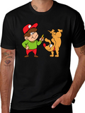 Cartoon Man & Dog Graphic Black T-Shirt
