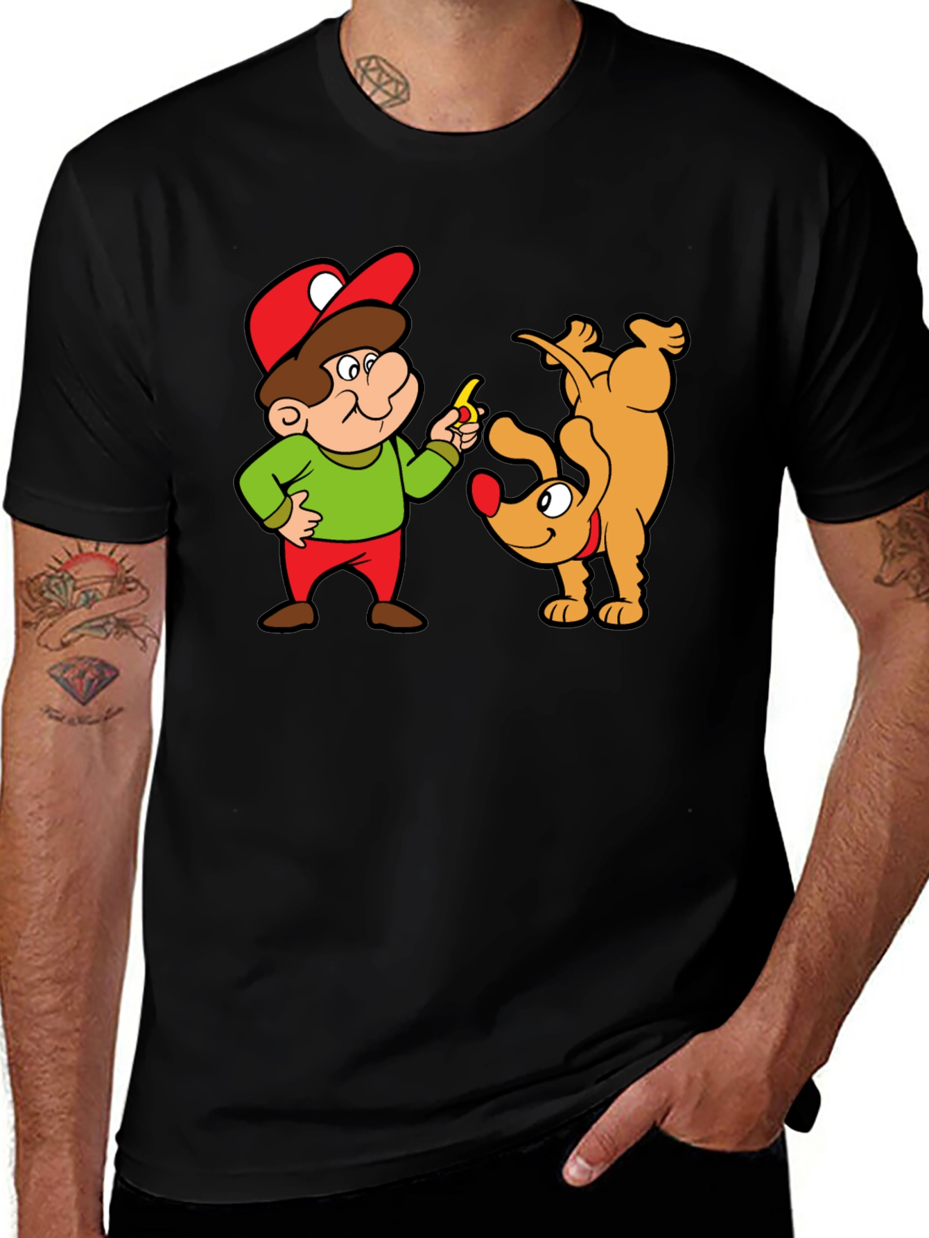 Cartoon Man & Dog Graphic Black T-Shirt