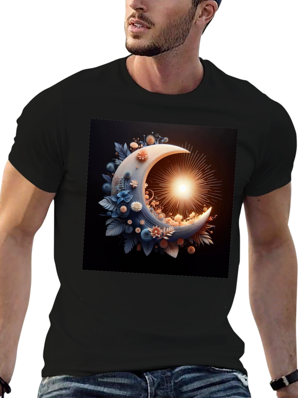 Crescent Moon Floral Black T-Shirt