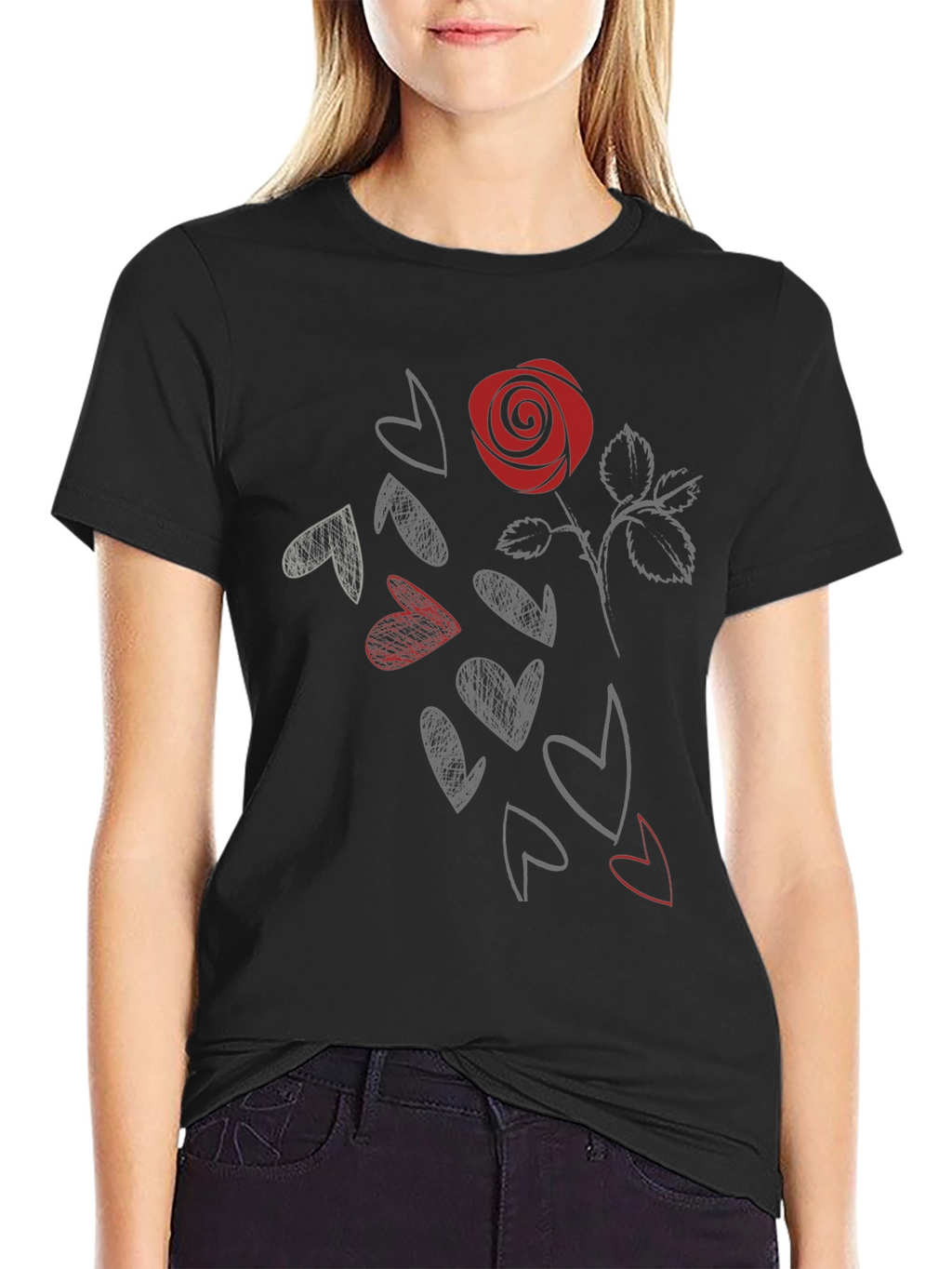Rose & Hearts Graphic Tee - Stylish Black T-Shirt