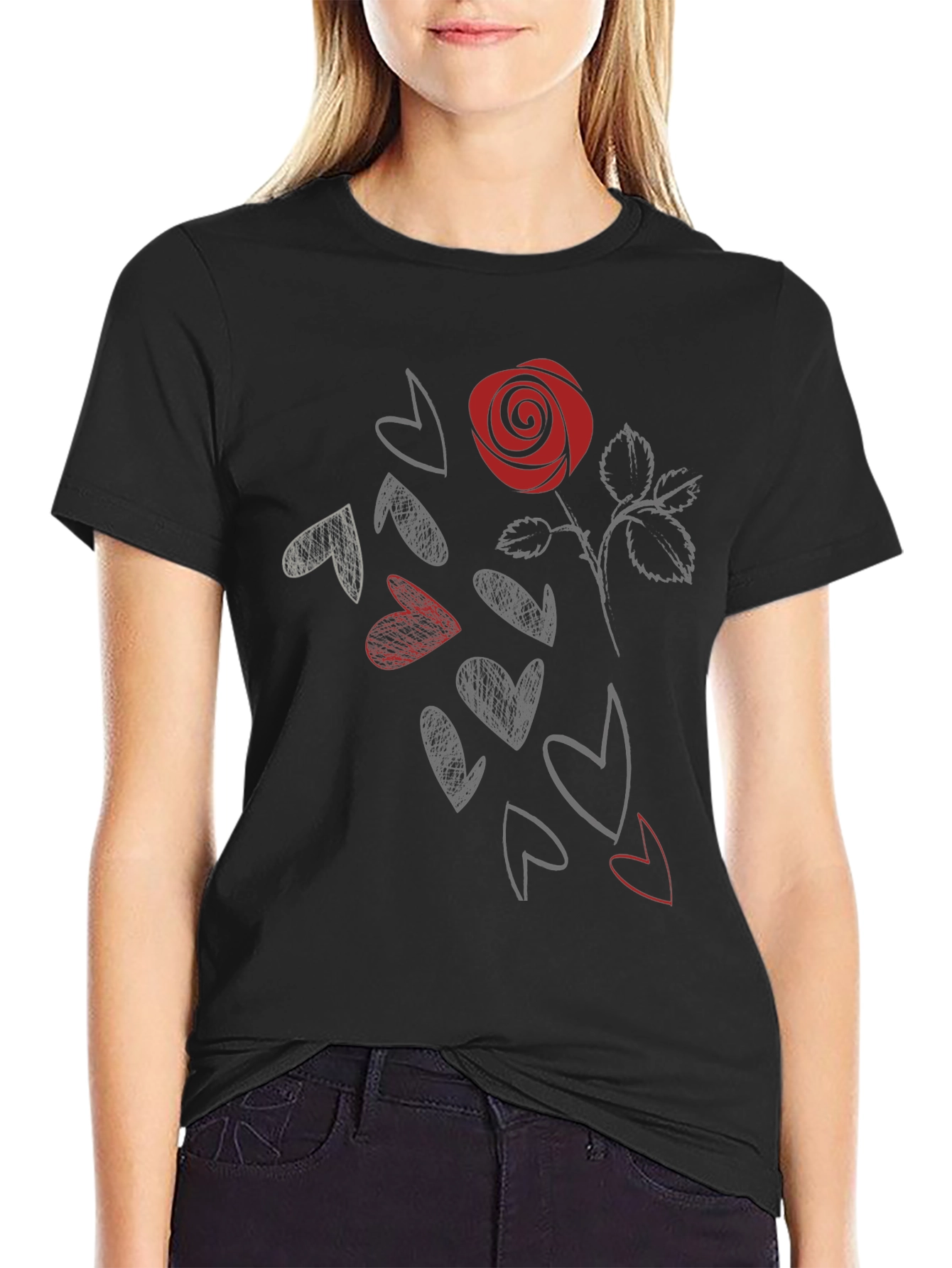 Rose & Hearts Graphic Tee - Stylish Black T-Shirt