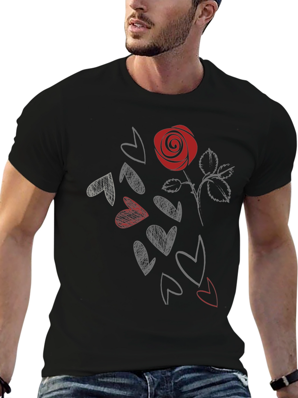 Rose & Hearts Graphic Tee - Stylish Black T-Shirt