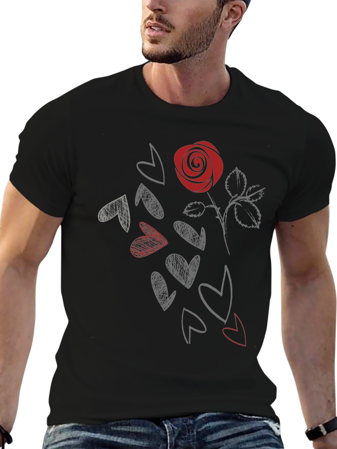 Rose & Hearts Graphic Tee - Stylish Black T-Shirt