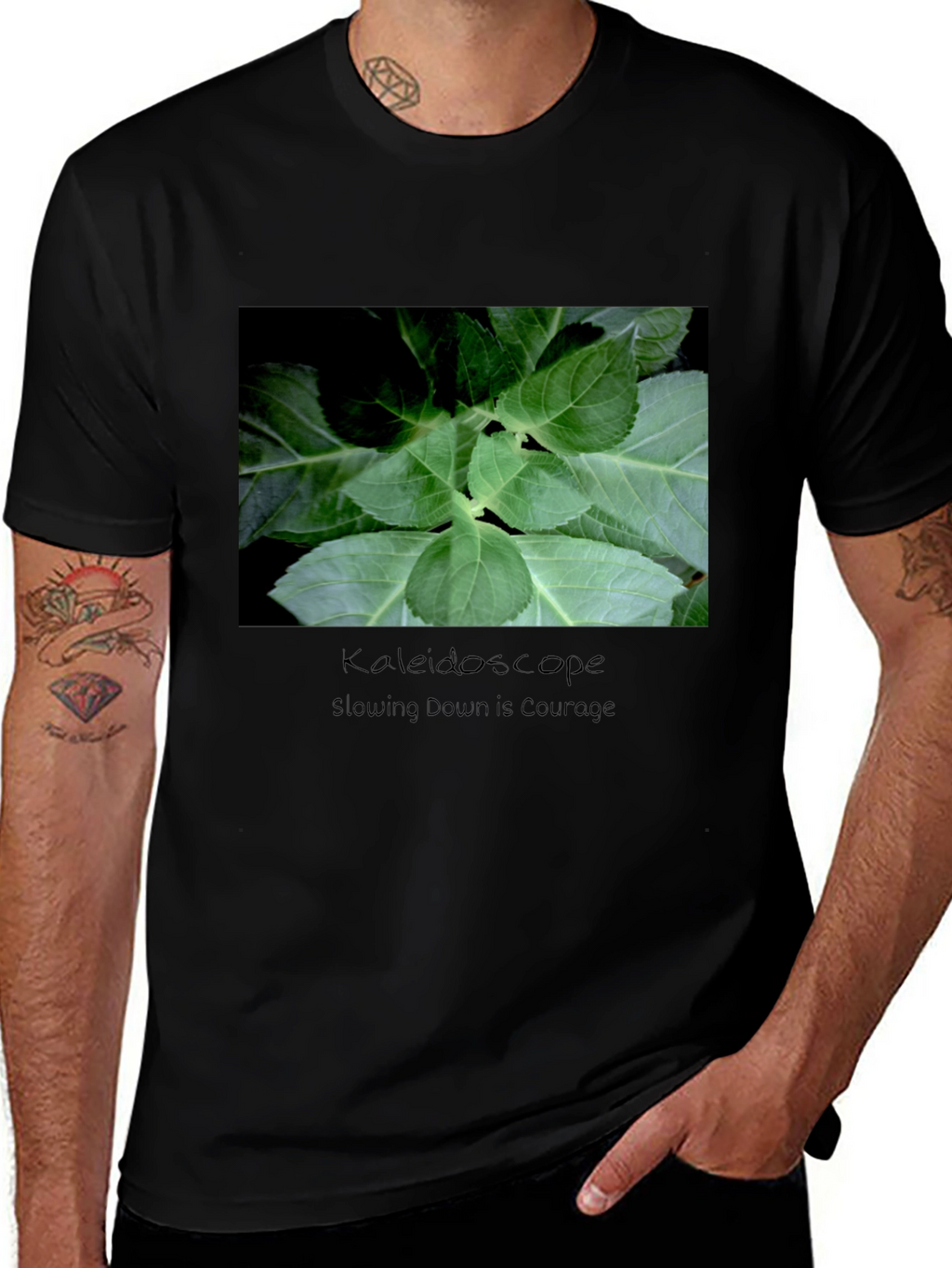 Kaleidoscope Leaf Print Black T-Shirt