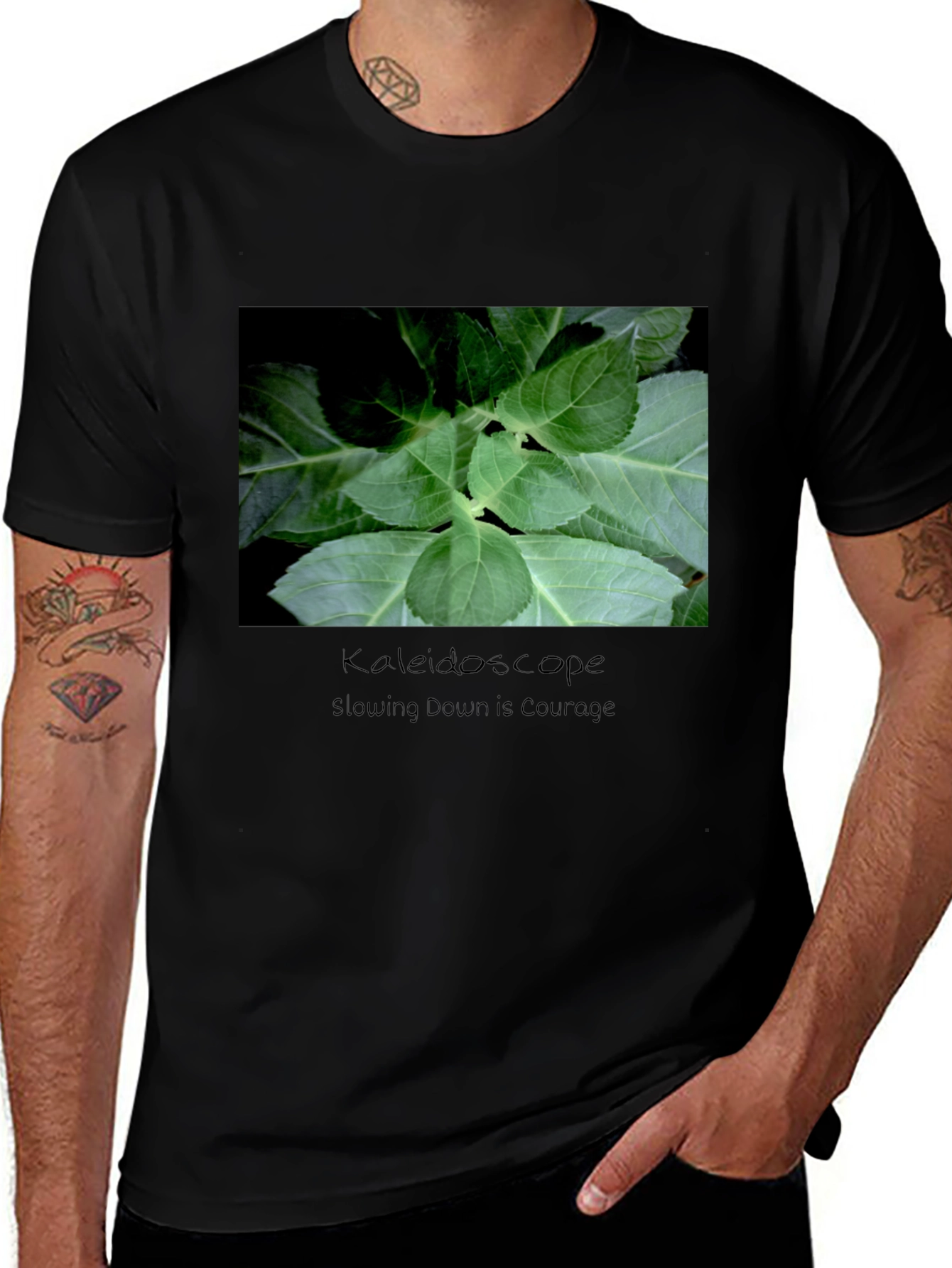 Kaleidoscope Leaf Print Black T-Shirt