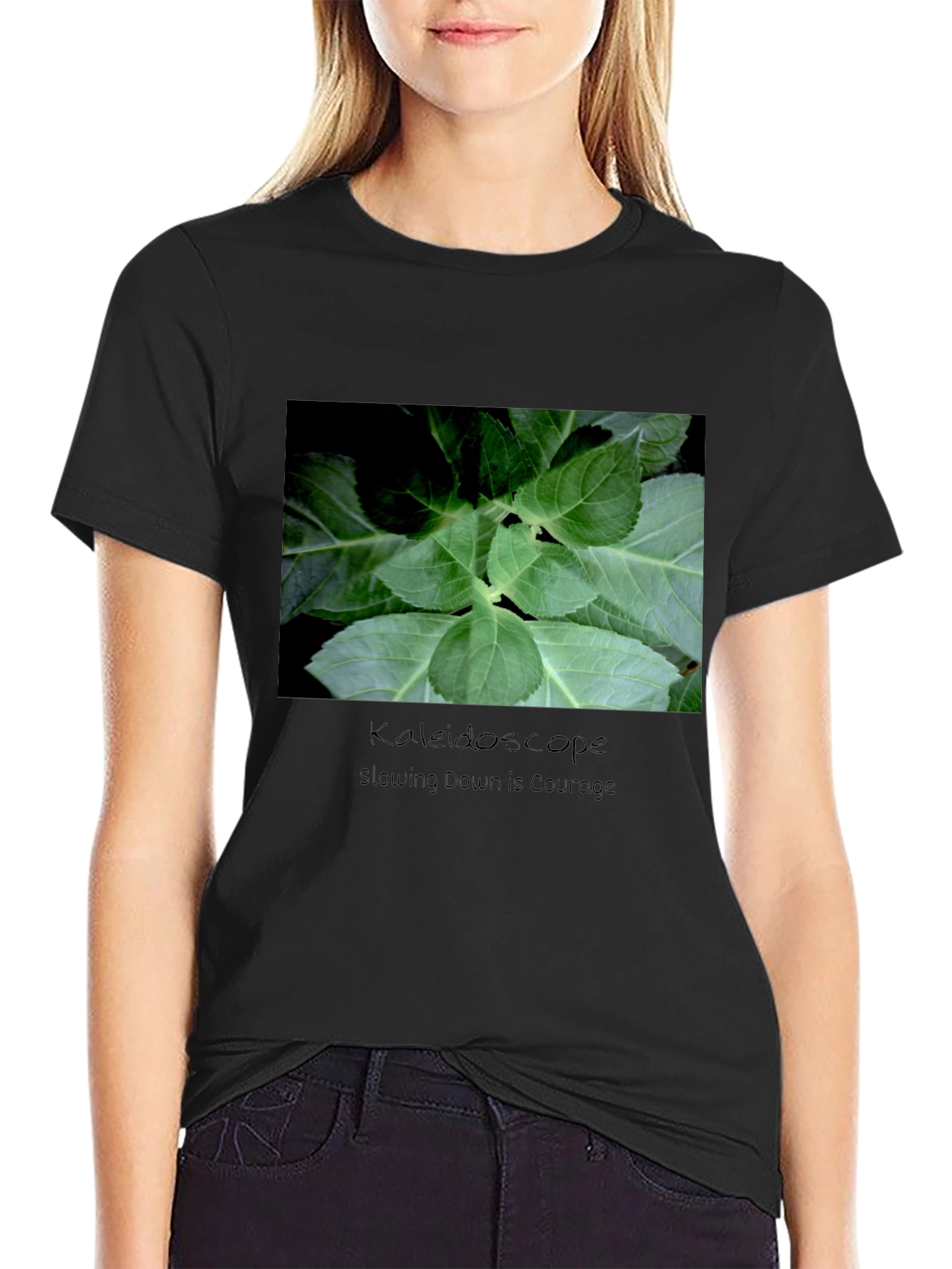 Kaleidoscope Leaf Print Black T-Shirt