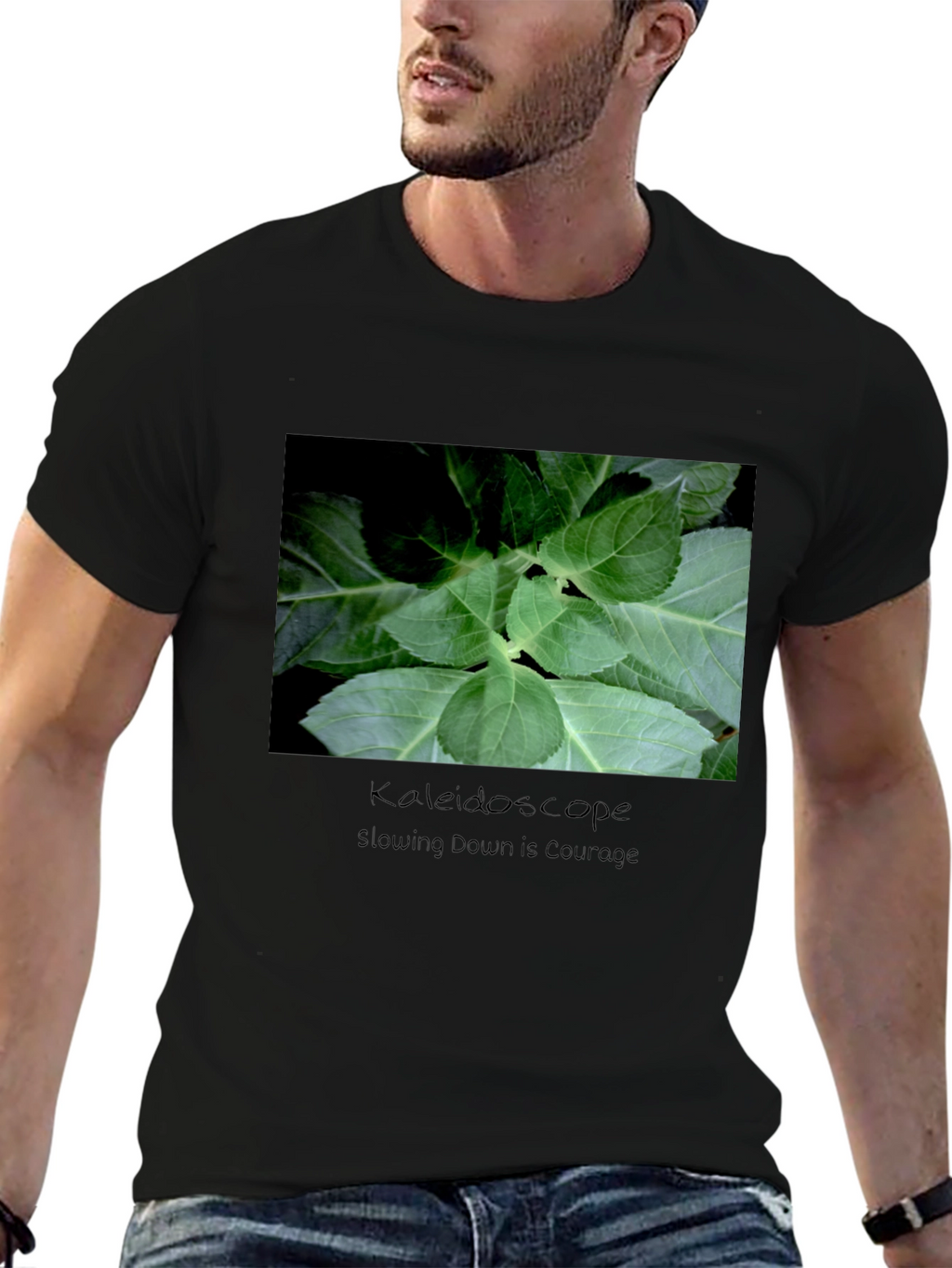 Kaleidoscope Leaf Print Black T-Shirt