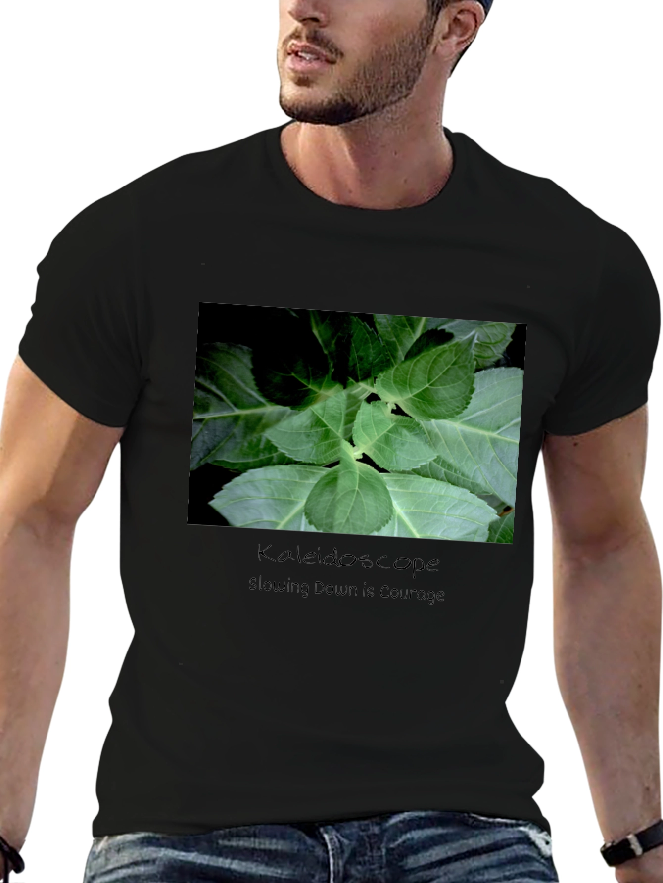 Kaleidoscope Leaf Print Black T-Shirt