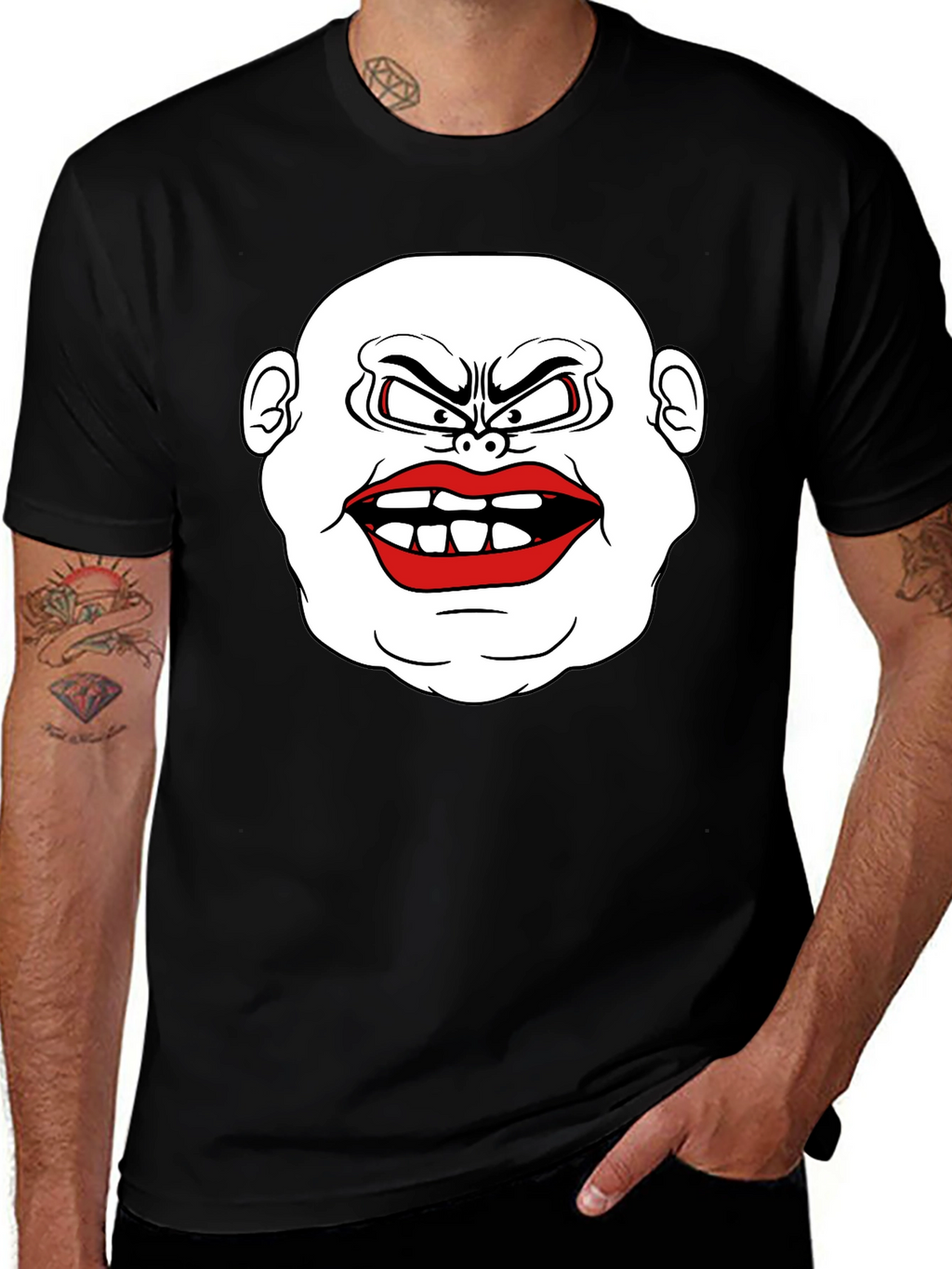 Mens Black T-Shirt with Cartoon Face Graphic