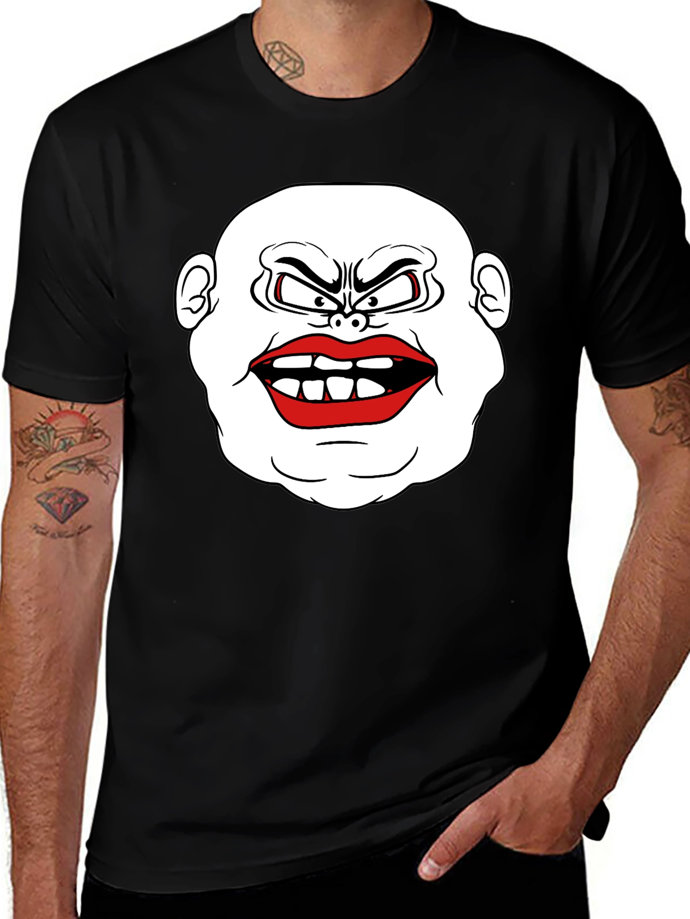 Mens Black T-Shirt with Cartoon Face Graphic