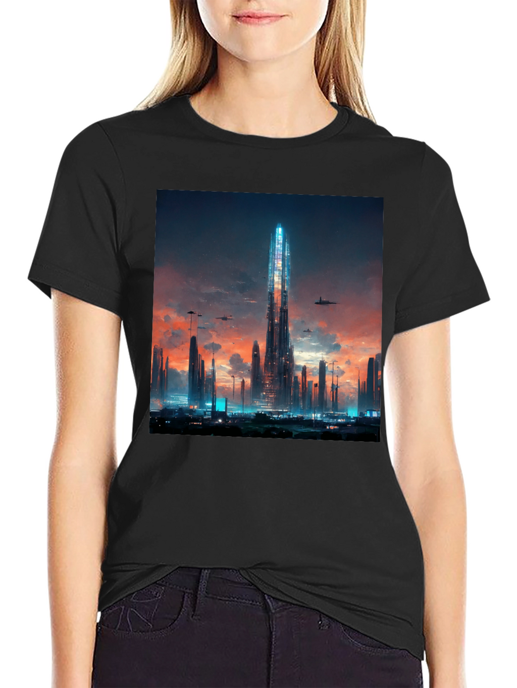 Futuristic Cityscape Black T-Shirt