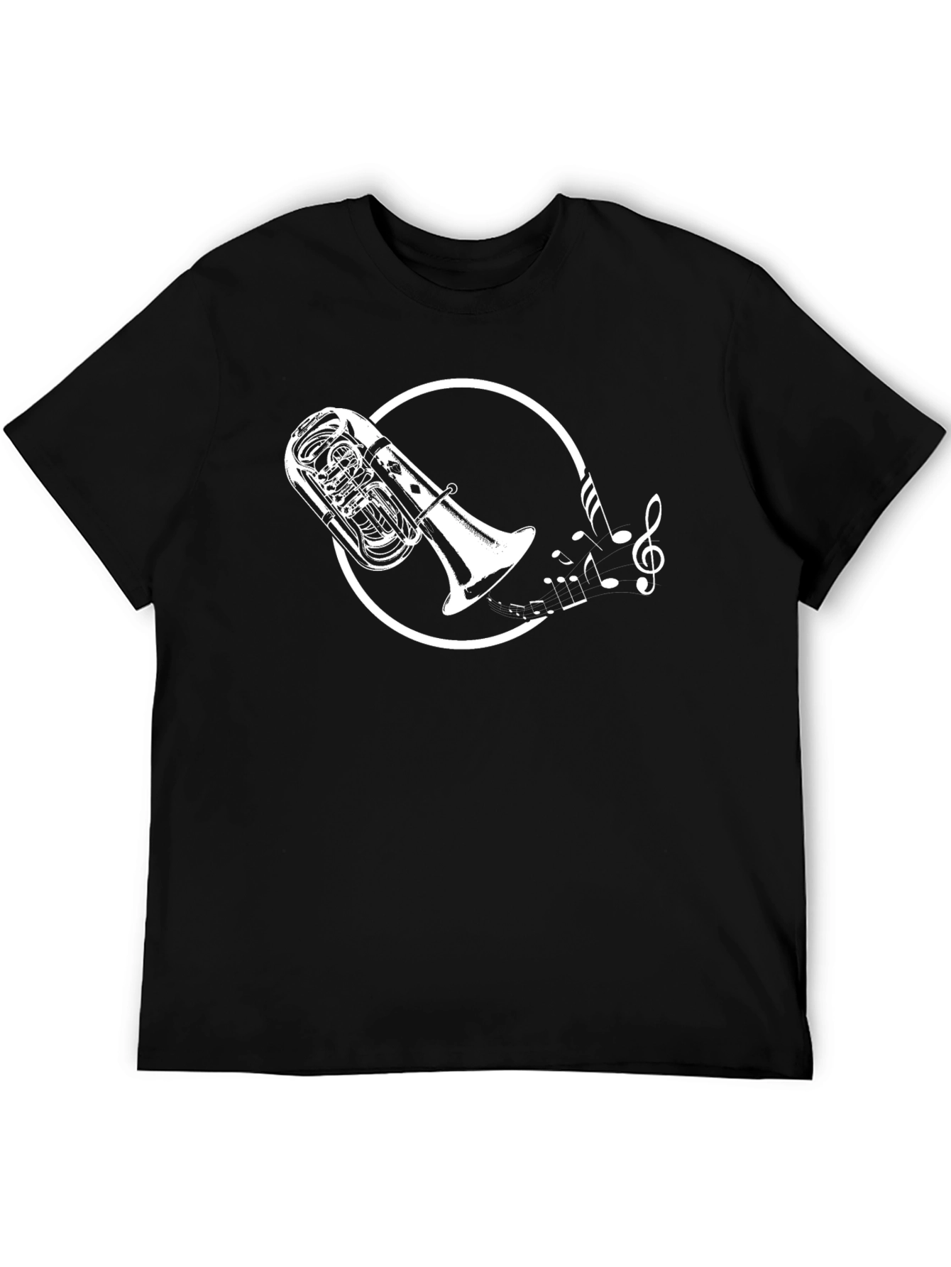 Black T-Shirt with Tuba and Music Notes Graphic