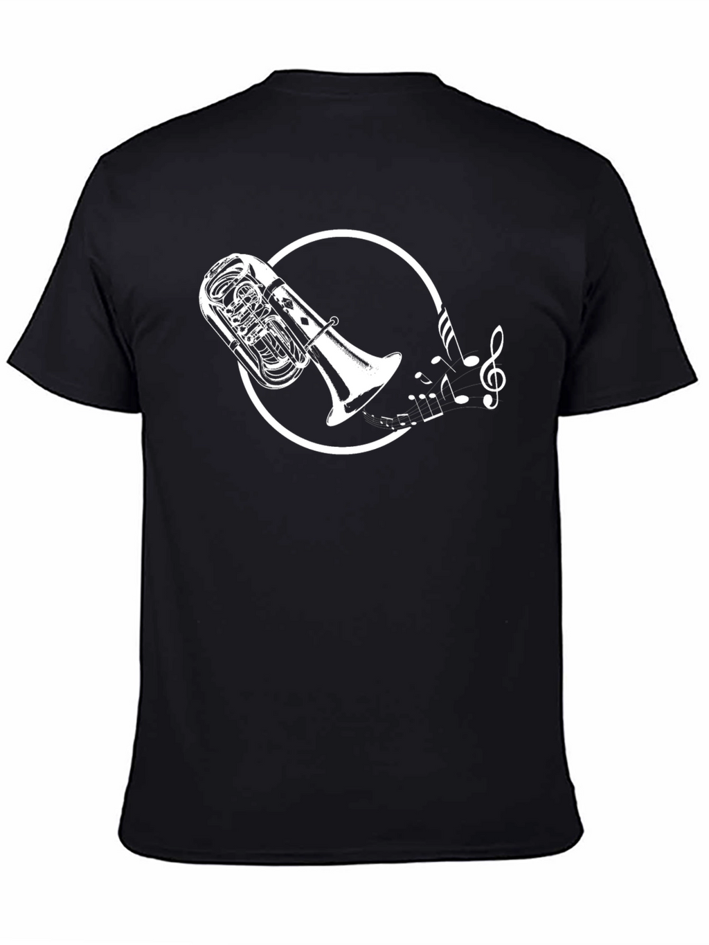 Black T-Shirt with Tuba and Music Notes Graphic