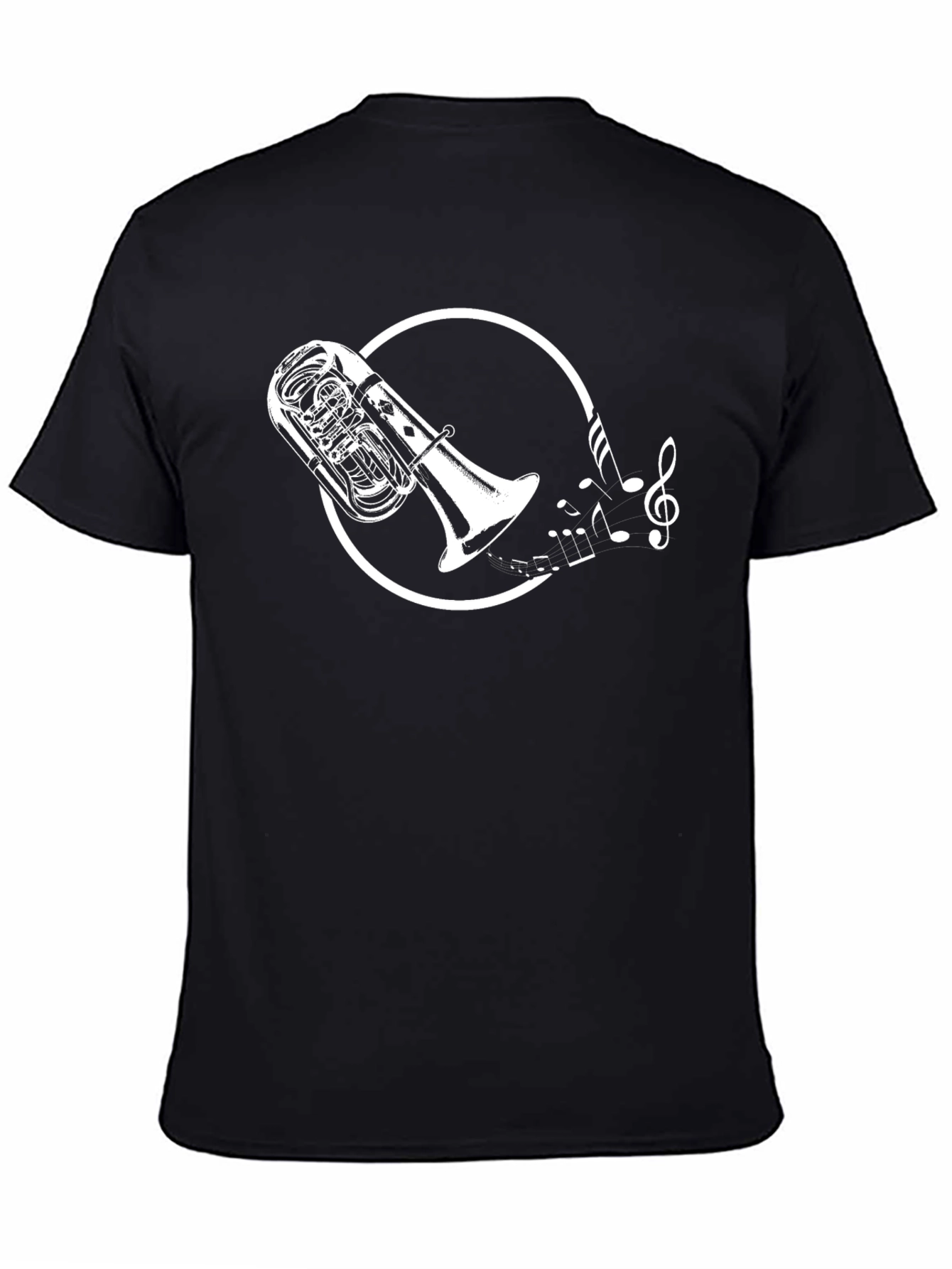Black T-Shirt with Tuba and Music Notes Graphic