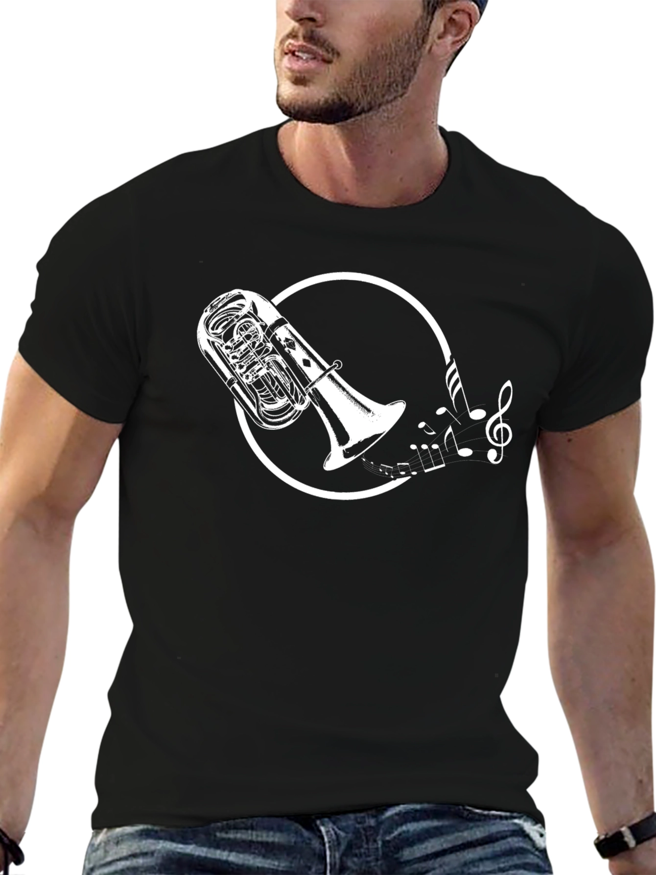 Black T-Shirt with Tuba and Music Notes Graphic