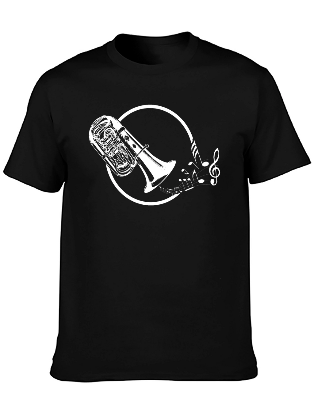 Black T-Shirt with Tuba and Music Notes Graphic