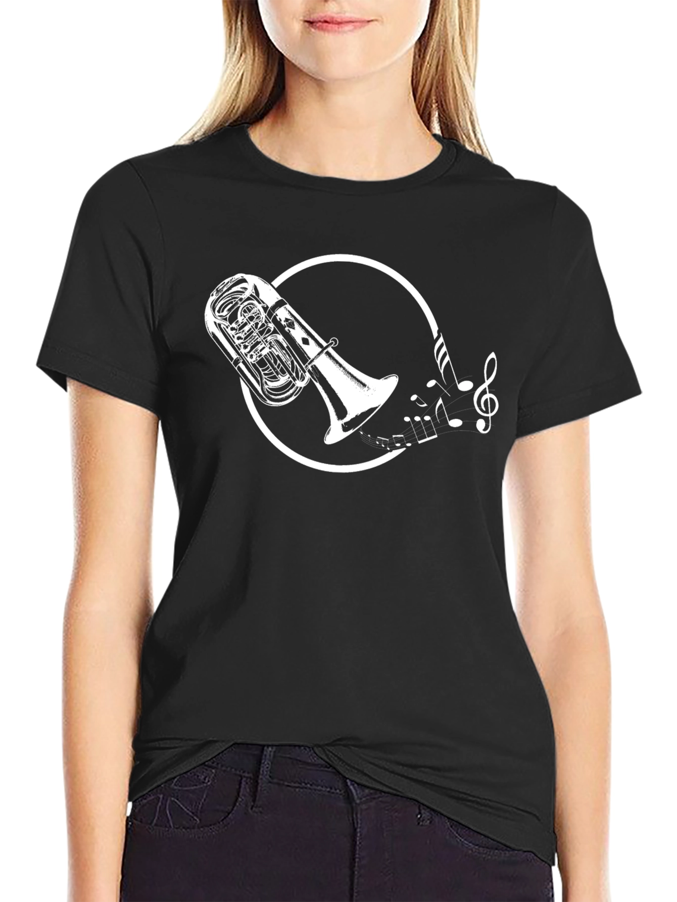 Black T-Shirt with Tuba and Music Notes Graphic
