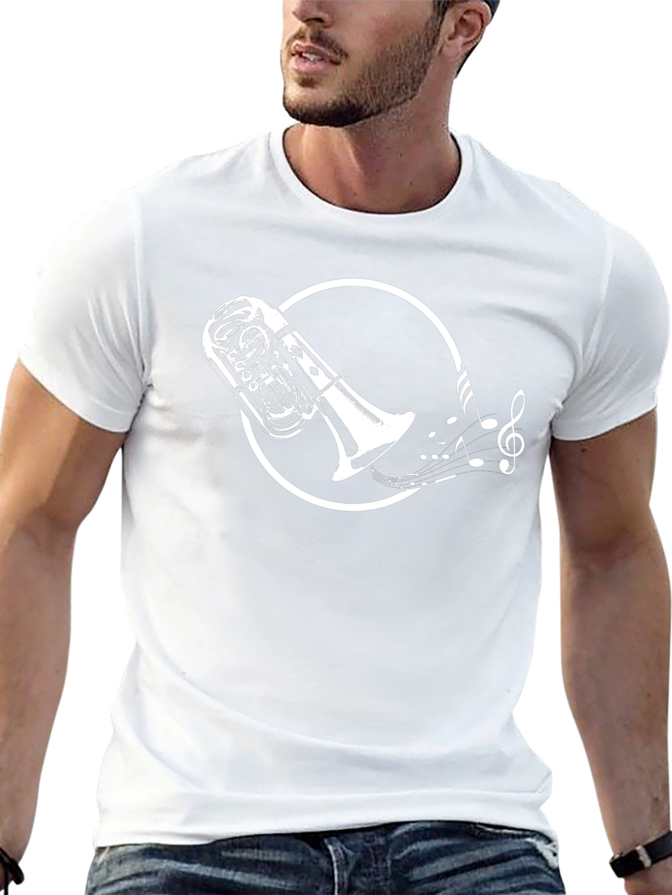 Black T-Shirt with Tuba and Music Notes Graphic