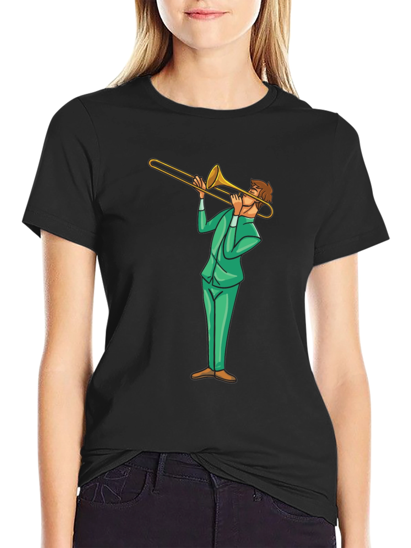 Trombone Player Graphic Tee - Black Cotton T-Shirt