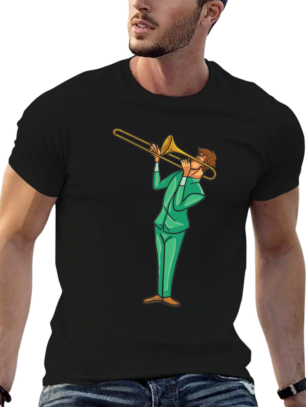 Trombone Player Graphic Tee - Black Cotton T-Shirt