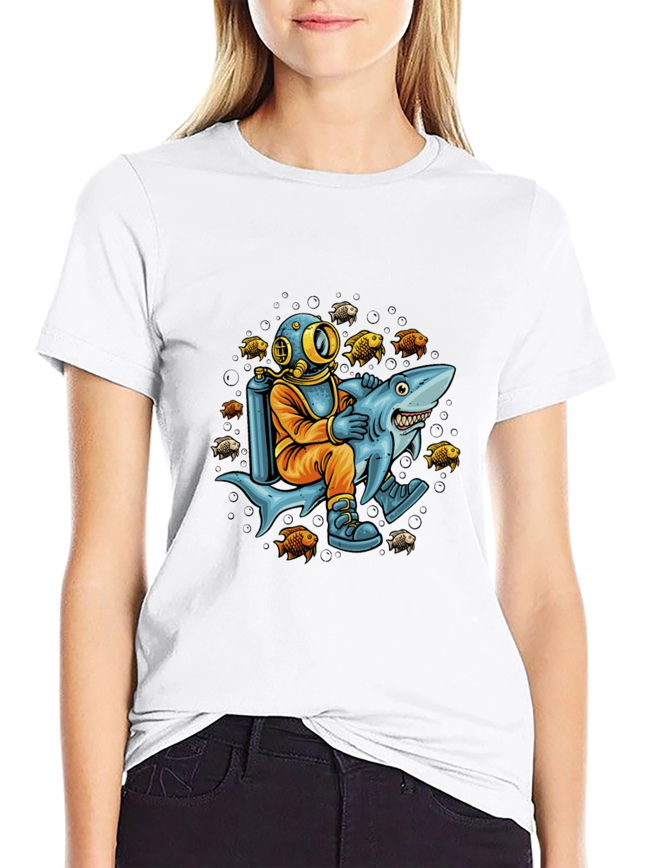 Diver Riding Shark Graphic Tee